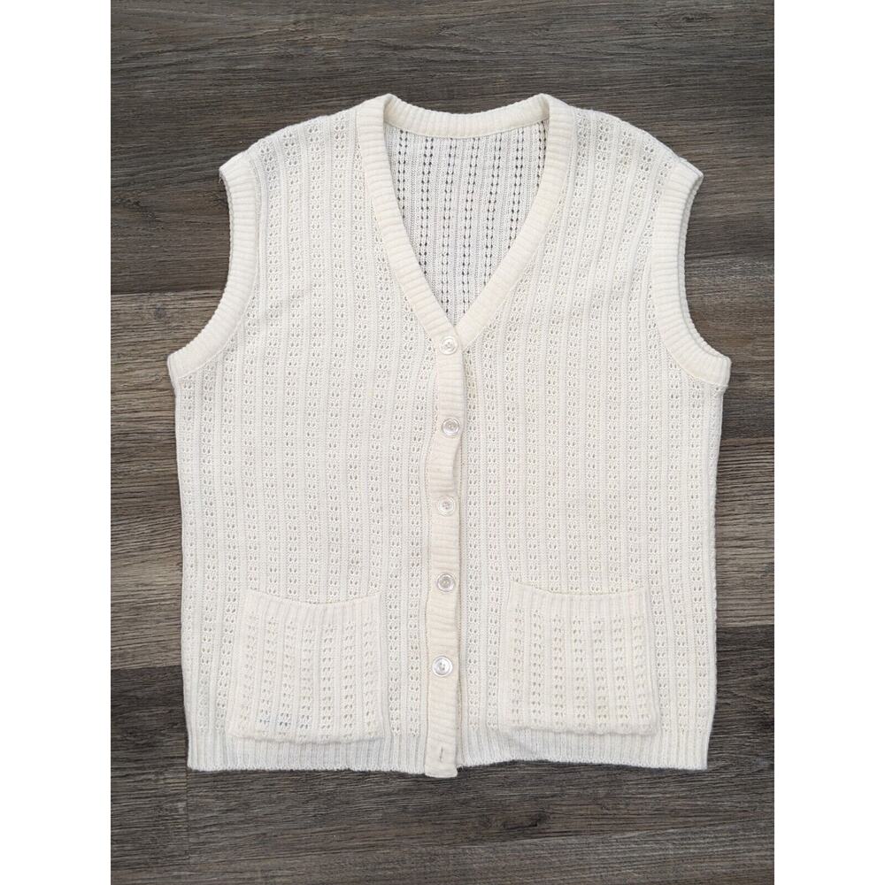 VTG 80s 70s White Ivory Tight Cable Knit V Neck Sweater Vest Button Up w Pockets
